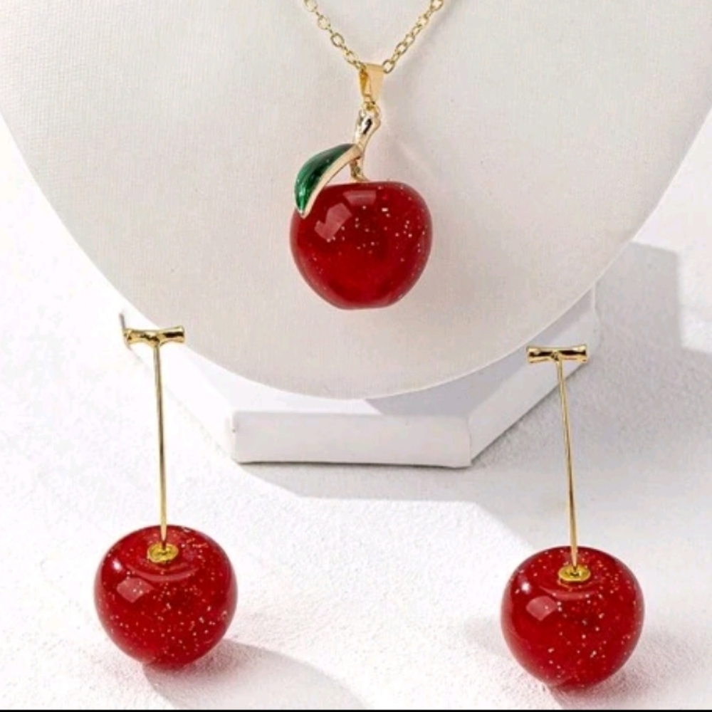 Cherry Pendant Necklace and Earring Set. - Picture 3 of 3